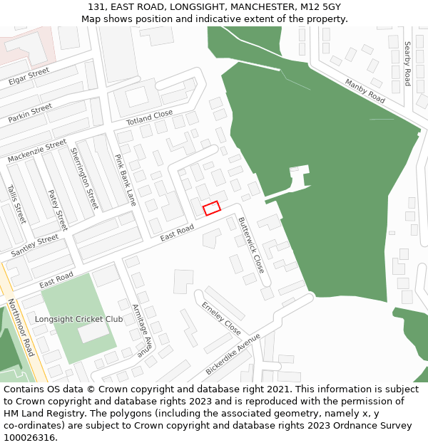 131, EAST ROAD, LONGSIGHT, MANCHESTER, M12 5GY: Location map and indicative extent of plot