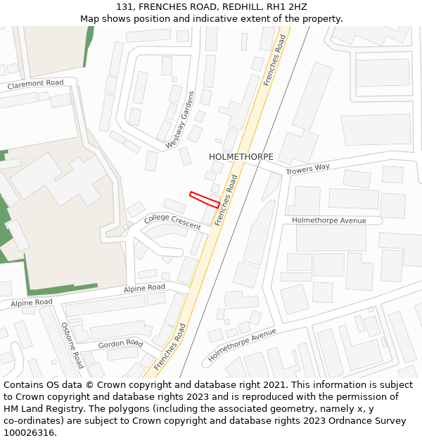 131, FRENCHES ROAD, REDHILL, RH1 2HZ: Location map and indicative extent of plot