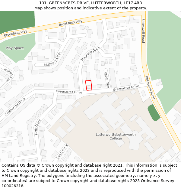 131, GREENACRES DRIVE, LUTTERWORTH, LE17 4RR: Location map and indicative extent of plot