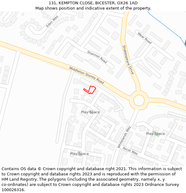 131, KEMPTON CLOSE, BICESTER, OX26 1AD: Location map and indicative extent of plot