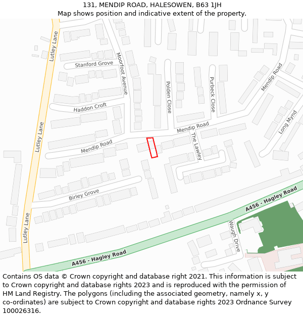 131, MENDIP ROAD, HALESOWEN, B63 1JH: Location map and indicative extent of plot