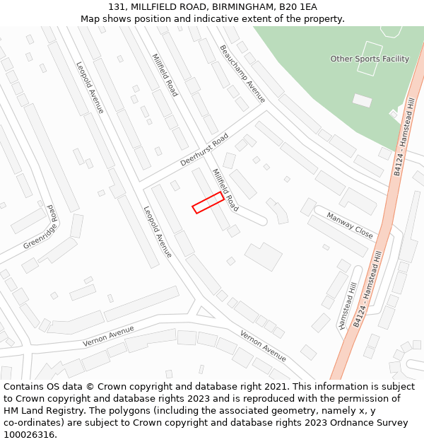 131, MILLFIELD ROAD, BIRMINGHAM, B20 1EA: Location map and indicative extent of plot