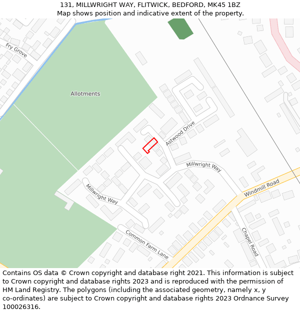 131, MILLWRIGHT WAY, FLITWICK, BEDFORD, MK45 1BZ: Location map and indicative extent of plot