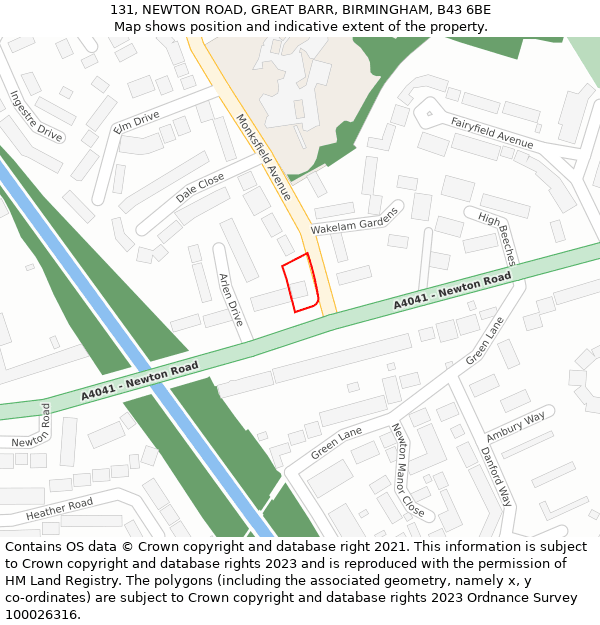 131, NEWTON ROAD, GREAT BARR, BIRMINGHAM, B43 6BE: Location map and indicative extent of plot