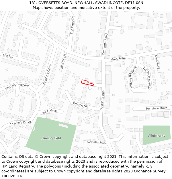 131, OVERSETTS ROAD, NEWHALL, SWADLINCOTE, DE11 0SN: Location map and indicative extent of plot