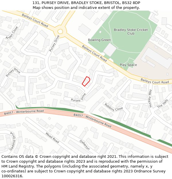 131, PURSEY DRIVE, BRADLEY STOKE, BRISTOL, BS32 8DP: Location map and indicative extent of plot