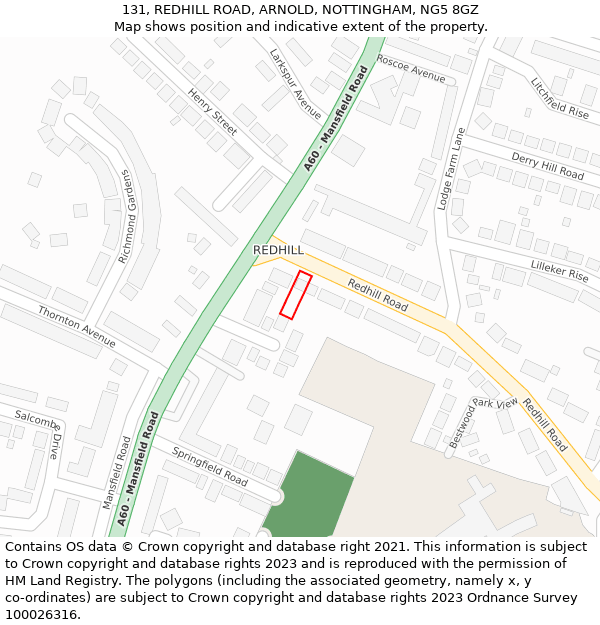 131, REDHILL ROAD, ARNOLD, NOTTINGHAM, NG5 8GZ: Location map and indicative extent of plot