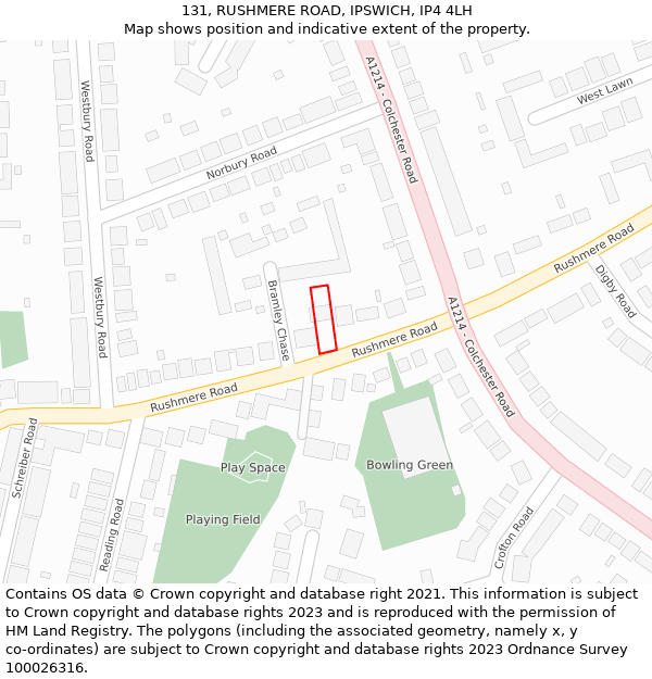 131, RUSHMERE ROAD, IPSWICH, IP4 4LH: Location map and indicative extent of plot