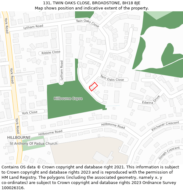 131, TWIN OAKS CLOSE, BROADSTONE, BH18 8JE: Location map and indicative extent of plot