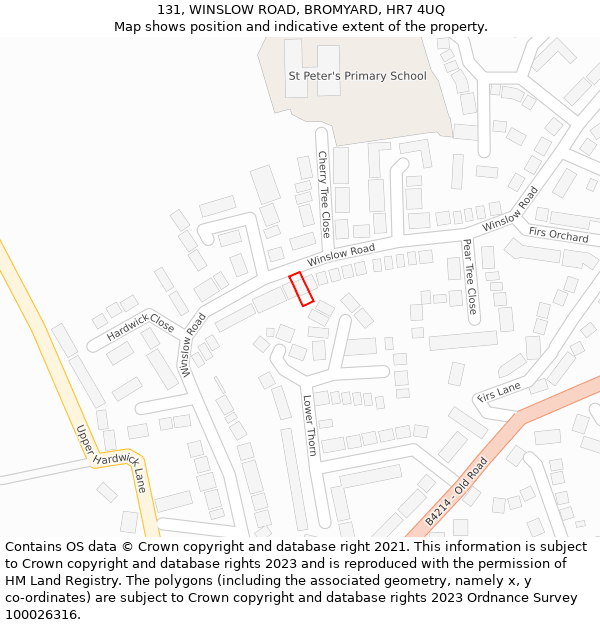 131, WINSLOW ROAD, BROMYARD, HR7 4UQ: Location map and indicative extent of plot