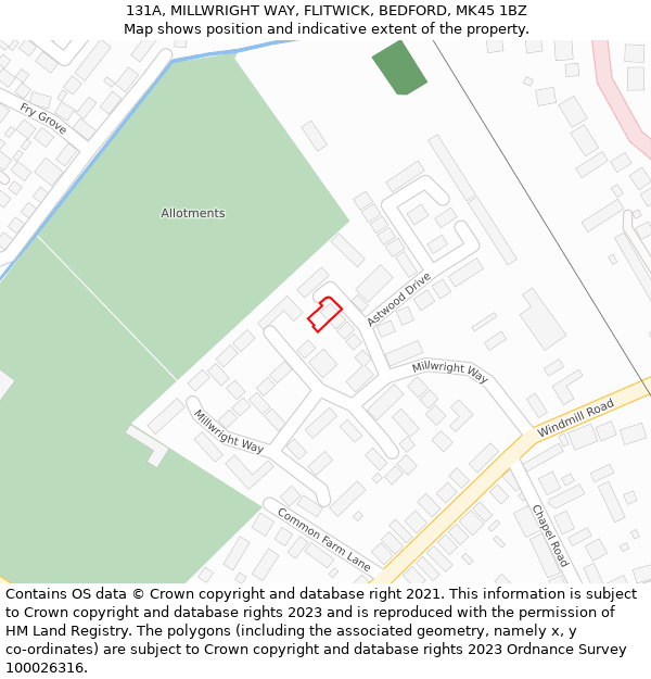 131A, MILLWRIGHT WAY, FLITWICK, BEDFORD, MK45 1BZ: Location map and indicative extent of plot