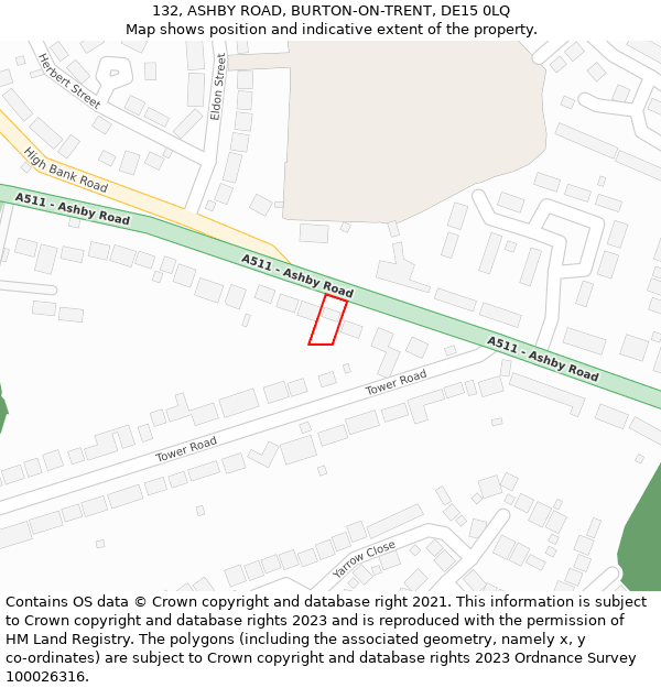132, ASHBY ROAD, BURTON-ON-TRENT, DE15 0LQ: Location map and indicative extent of plot