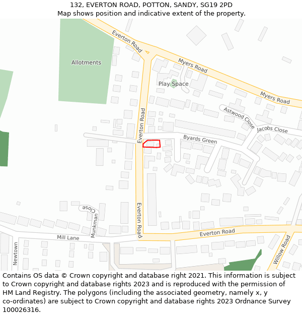 132, EVERTON ROAD, POTTON, SANDY, SG19 2PD: Location map and indicative extent of plot