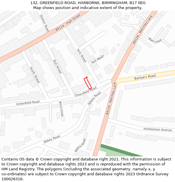 132, GREENFIELD ROAD, HARBORNE, BIRMINGHAM, B17 0EG: Location map and indicative extent of plot