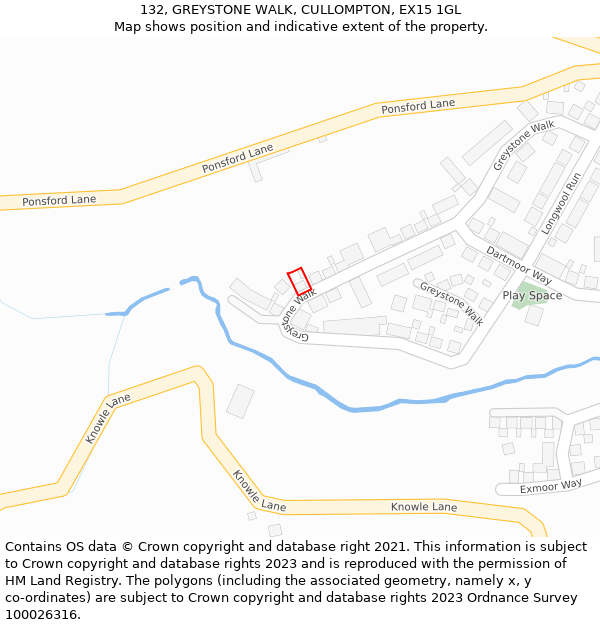 132, GREYSTONE WALK, CULLOMPTON, EX15 1GL: Location map and indicative extent of plot