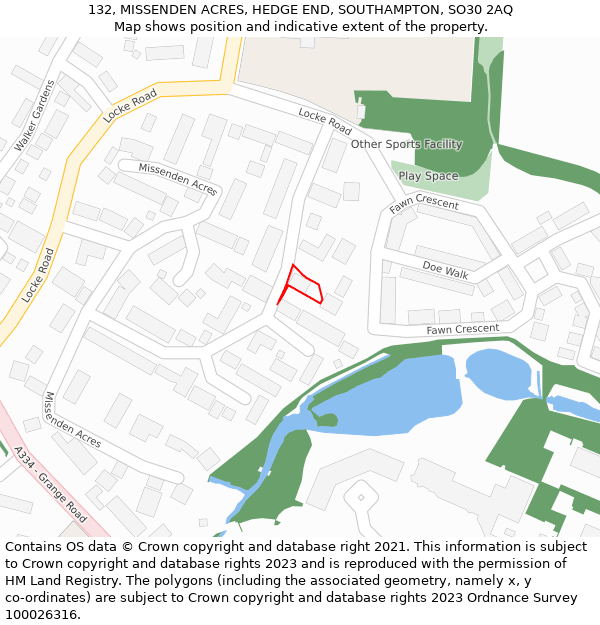 132, MISSENDEN ACRES, HEDGE END, SOUTHAMPTON, SO30 2AQ: Location map and indicative extent of plot