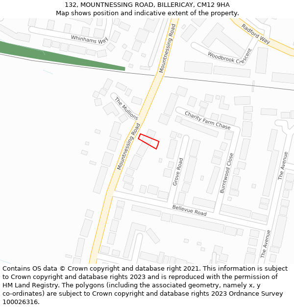 132, MOUNTNESSING ROAD, BILLERICAY, CM12 9HA: Location map and indicative extent of plot