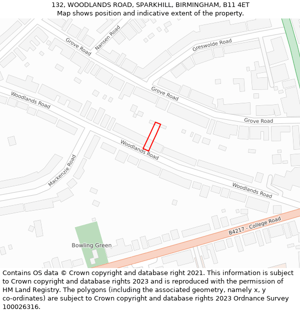 132, WOODLANDS ROAD, SPARKHILL, BIRMINGHAM, B11 4ET: Location map and indicative extent of plot