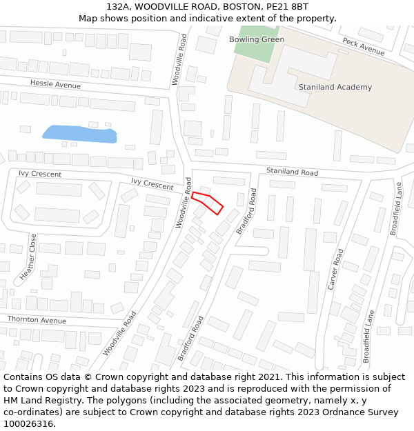 132A, WOODVILLE ROAD, BOSTON, PE21 8BT: Location map and indicative extent of plot