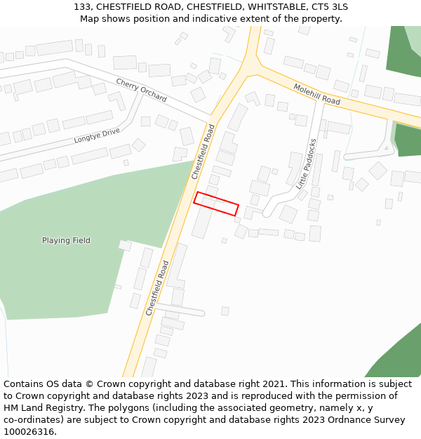 133, CHESTFIELD ROAD, CHESTFIELD, WHITSTABLE, CT5 3LS: Location map and indicative extent of plot