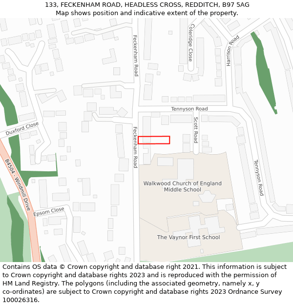 133, FECKENHAM ROAD, HEADLESS CROSS, REDDITCH, B97 5AG: Location map and indicative extent of plot