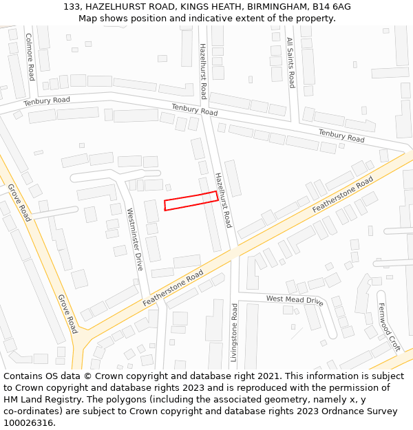 133, HAZELHURST ROAD, KINGS HEATH, BIRMINGHAM, B14 6AG: Location map and indicative extent of plot