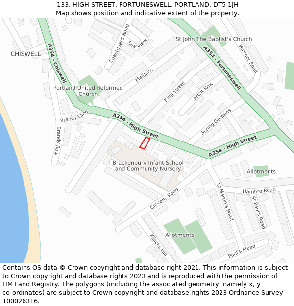 133, HIGH STREET, FORTUNESWELL, PORTLAND, DT5 1JH: Location map and indicative extent of plot