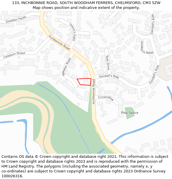 133, INCHBONNIE ROAD, SOUTH WOODHAM FERRERS, CHELMSFORD, CM3 5ZW: Location map and indicative extent of plot