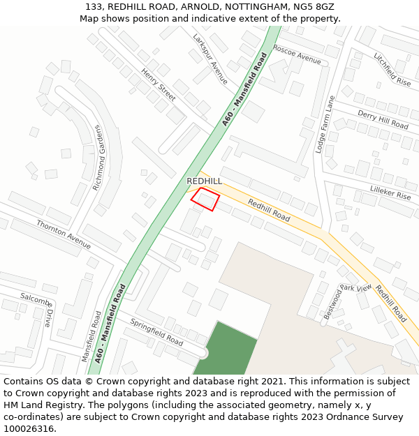133, REDHILL ROAD, ARNOLD, NOTTINGHAM, NG5 8GZ: Location map and indicative extent of plot