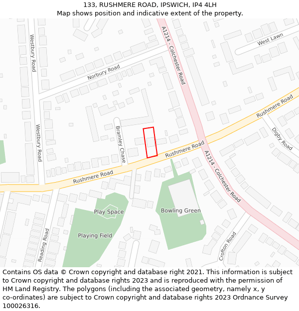 133, RUSHMERE ROAD, IPSWICH, IP4 4LH: Location map and indicative extent of plot