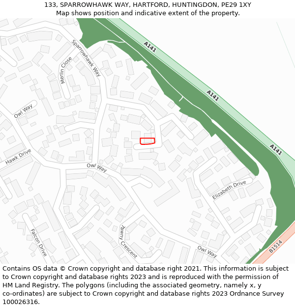 133, SPARROWHAWK WAY, HARTFORD, HUNTINGDON, PE29 1XY: Location map and indicative extent of plot