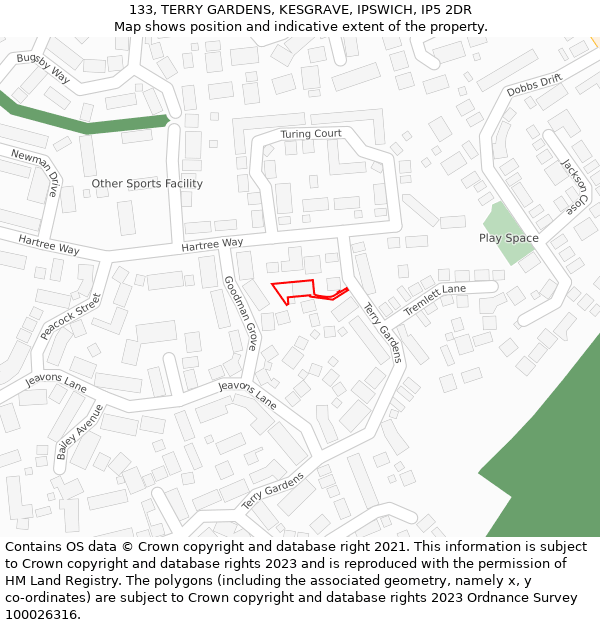 133, TERRY GARDENS, KESGRAVE, IPSWICH, IP5 2DR: Location map and indicative extent of plot