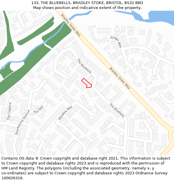 133, THE BLUEBELLS, BRADLEY STOKE, BRISTOL, BS32 8BD: Location map and indicative extent of plot