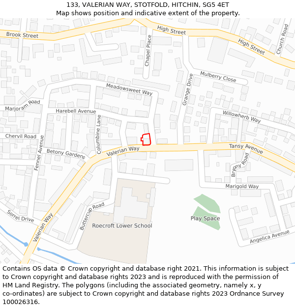 133, VALERIAN WAY, STOTFOLD, HITCHIN, SG5 4ET: Location map and indicative extent of plot