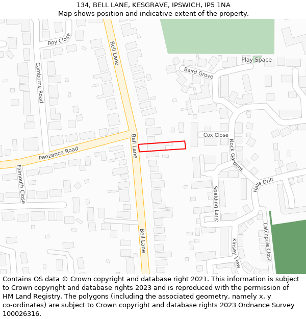 134, BELL LANE, KESGRAVE, IPSWICH, IP5 1NA: Location map and indicative extent of plot