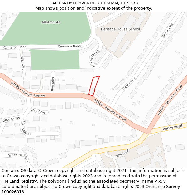 134, ESKDALE AVENUE, CHESHAM, HP5 3BD: Location map and indicative extent of plot