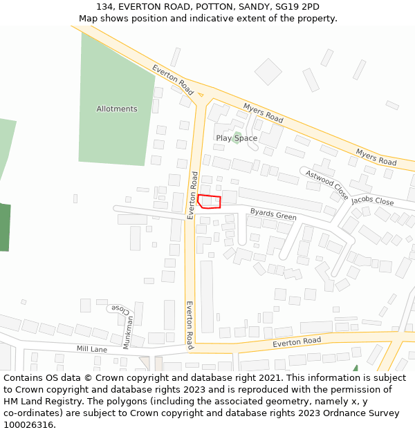 134, EVERTON ROAD, POTTON, SANDY, SG19 2PD: Location map and indicative extent of plot