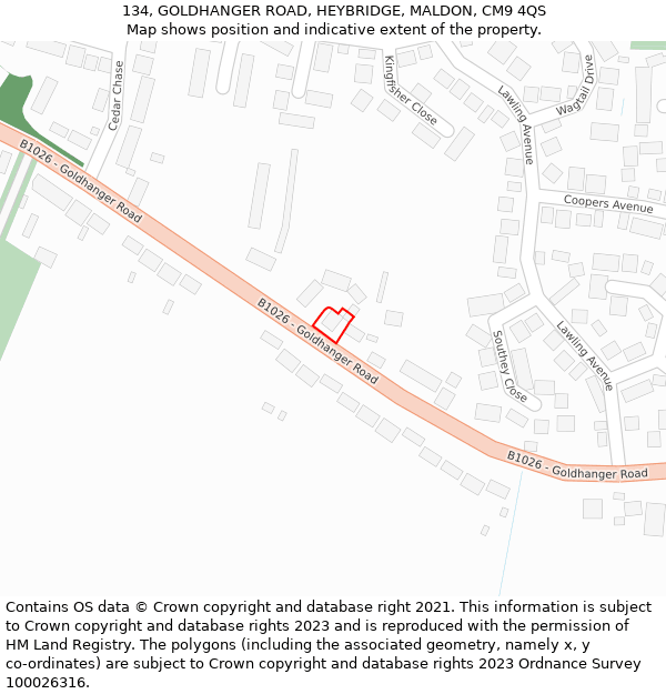 134, GOLDHANGER ROAD, HEYBRIDGE, MALDON, CM9 4QS: Location map and indicative extent of plot