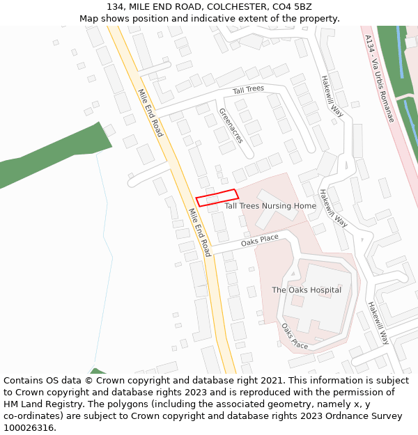 134, MILE END ROAD, COLCHESTER, CO4 5BZ: Location map and indicative extent of plot