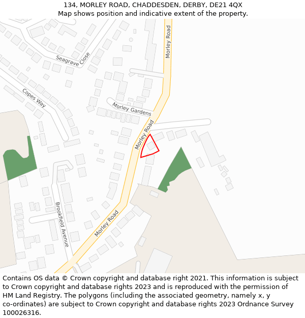 134, MORLEY ROAD, CHADDESDEN, DERBY, DE21 4QX: Location map and indicative extent of plot