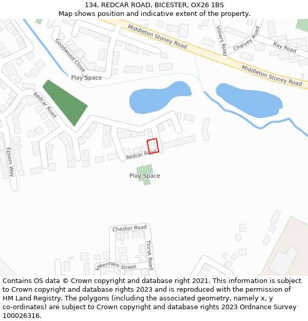 134, REDCAR ROAD, BICESTER, OX26 1BS: Location map and indicative extent of plot