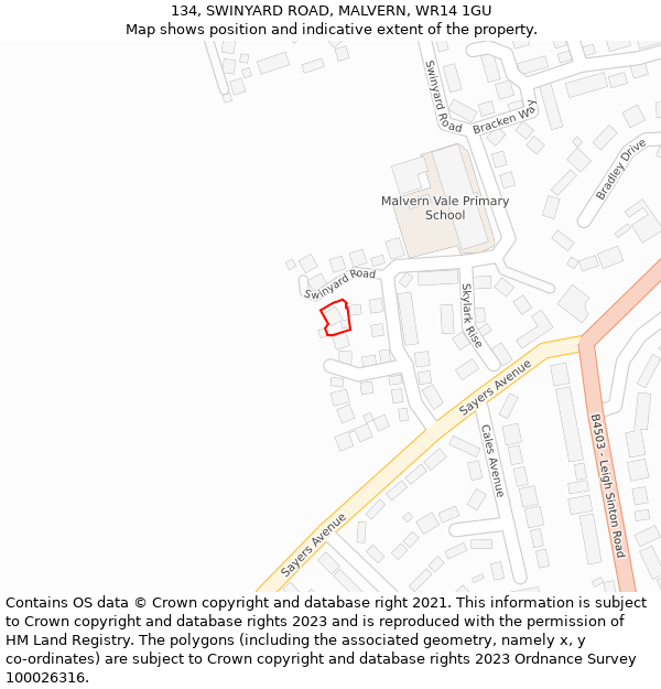 134, SWINYARD ROAD, MALVERN, WR14 1GU: Location map and indicative extent of plot