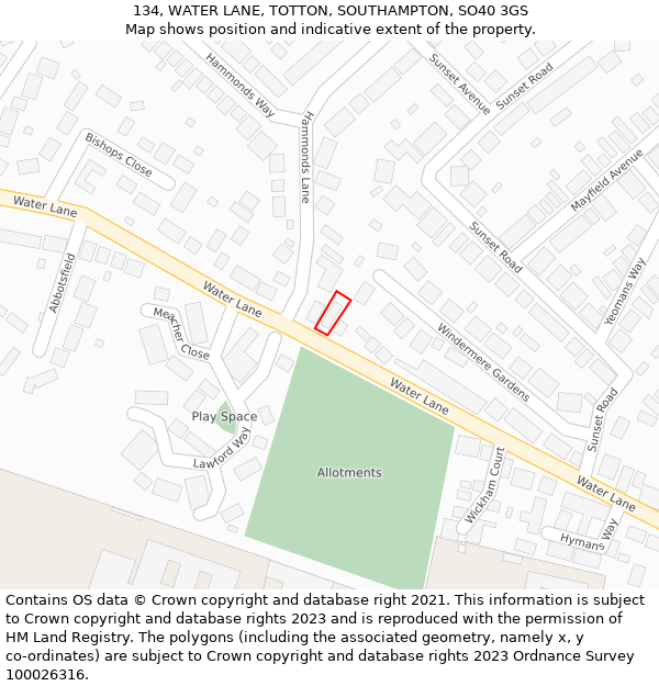 134, WATER LANE, TOTTON, SOUTHAMPTON, SO40 3GS: Location map and indicative extent of plot