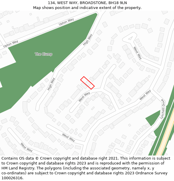 134, WEST WAY, BROADSTONE, BH18 9LN: Location map and indicative extent of plot