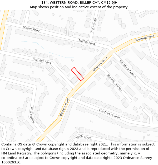 134, WESTERN ROAD, BILLERICAY, CM12 9JH: Location map and indicative extent of plot