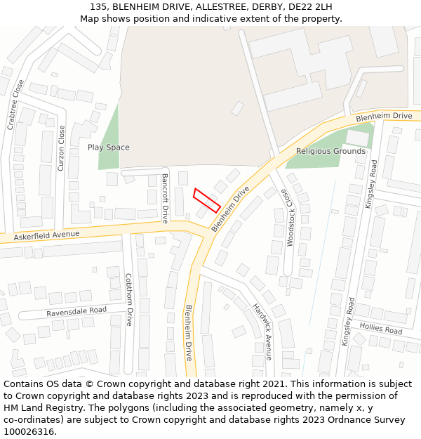 135, BLENHEIM DRIVE, ALLESTREE, DERBY, DE22 2LH: Location map and indicative extent of plot