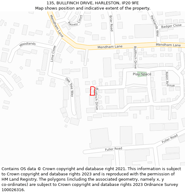 135, BULLFINCH DRIVE, HARLESTON, IP20 9FE: Location map and indicative extent of plot