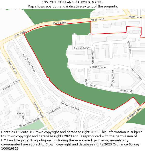 135, CHRISTIE LANE, SALFORD, M7 3BL: Location map and indicative extent of plot