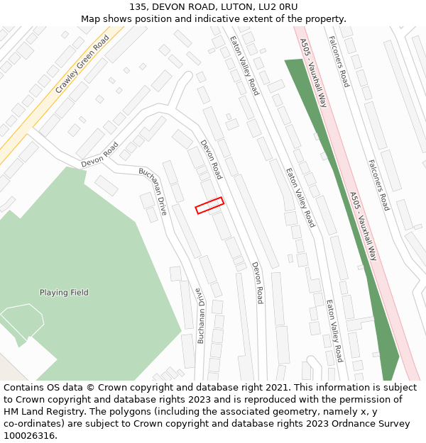 135, DEVON ROAD, LUTON, LU2 0RU: Location map and indicative extent of plot