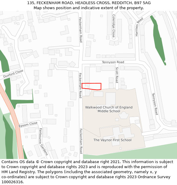 135, FECKENHAM ROAD, HEADLESS CROSS, REDDITCH, B97 5AG: Location map and indicative extent of plot